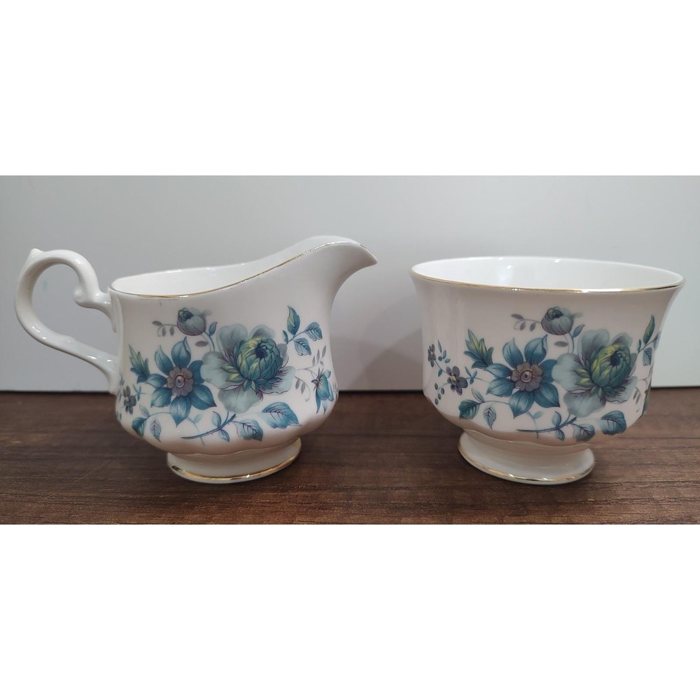 Vintage Queen Anne Bone China Sugar Creamer Pitcher Blue Roses Pattern S9